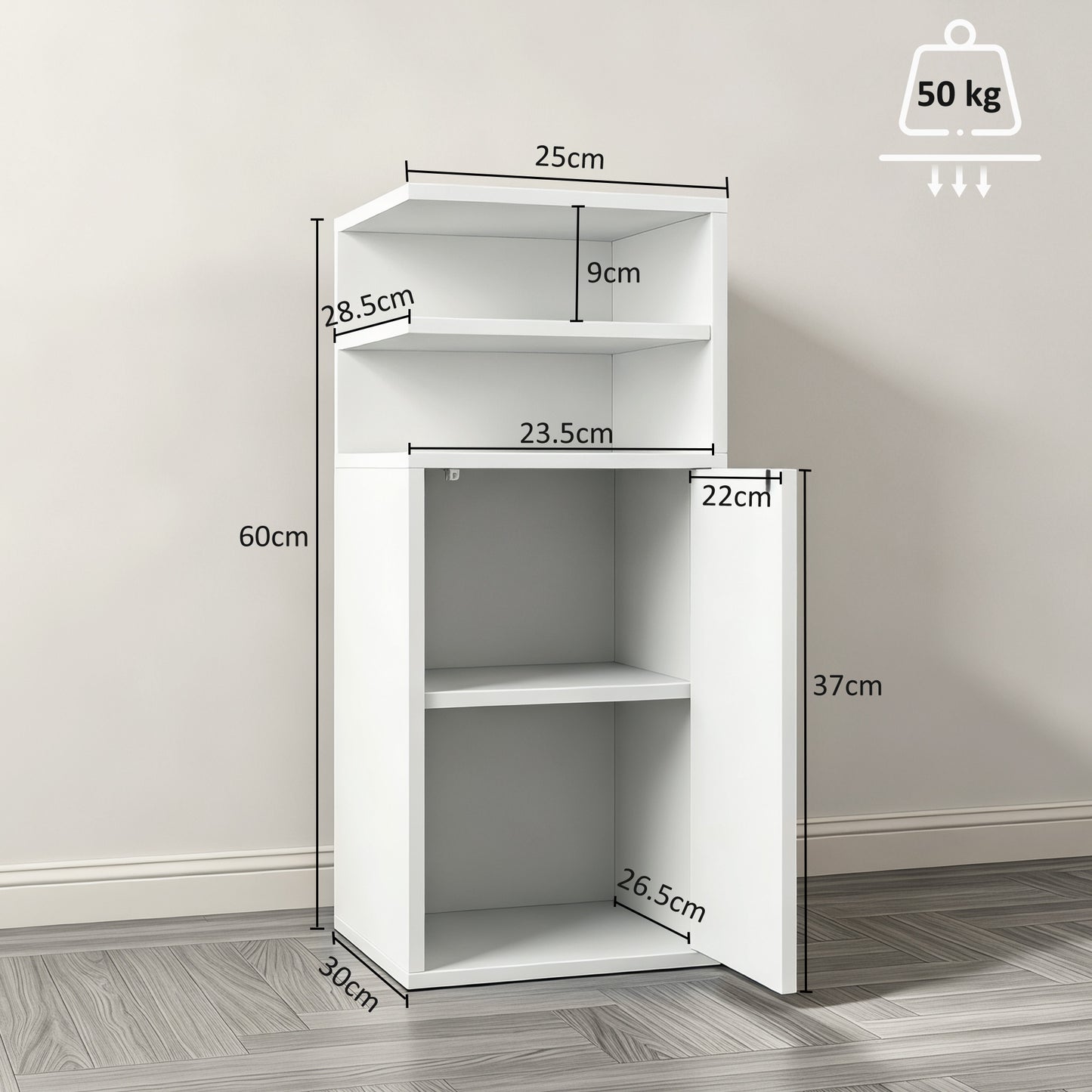 Slim Bedside Table Set of 2 with Open Cubbies and Cupboard, White