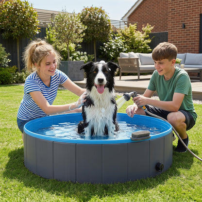 Foldable Dog Pool for Puppies and Ducks, Thickened PVC Dog Paddling Pool Bath Tub Hard Board, Anti-Slip Bottom and Hose Adapter for Easy Drainage, 120 x 30cm, Dark Grey and Blue