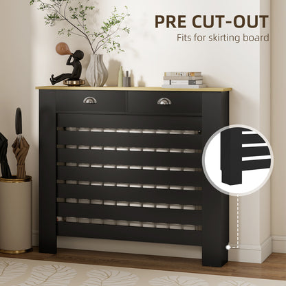Radiator Cover with Drawer, Horizontal Slat, 111cm, Black