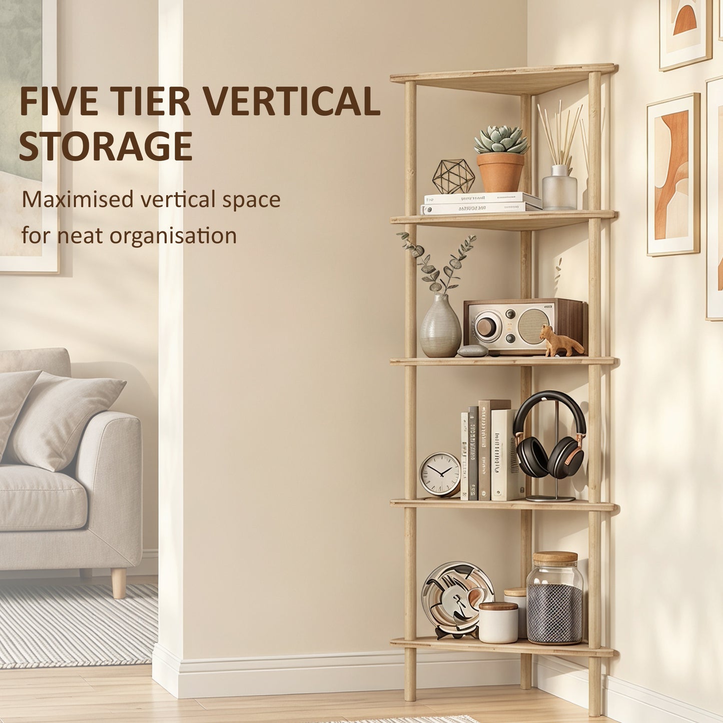 5-Tier Corner Storage Shelf for Living Room, Natural Wood Finish