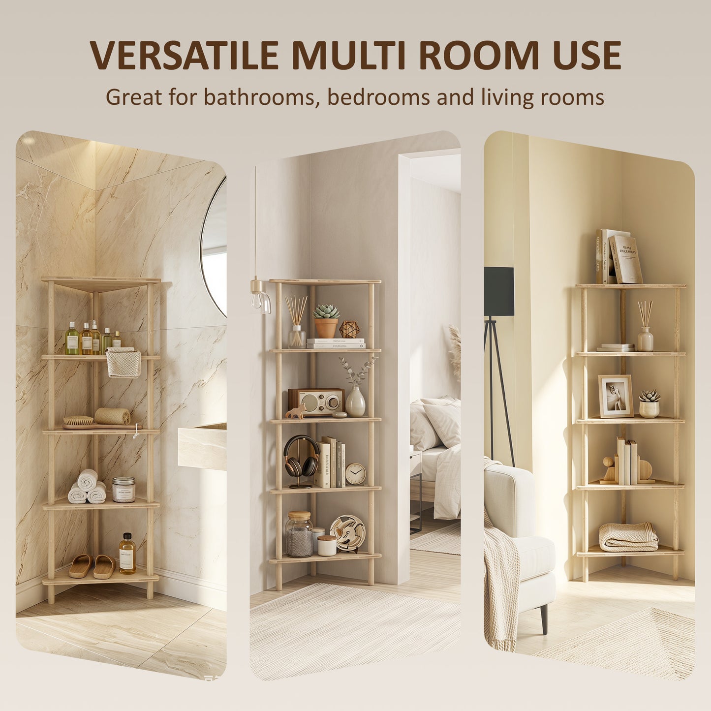 5-Tier Corner Storage Shelf for Living Room, Natural Wood Finish
