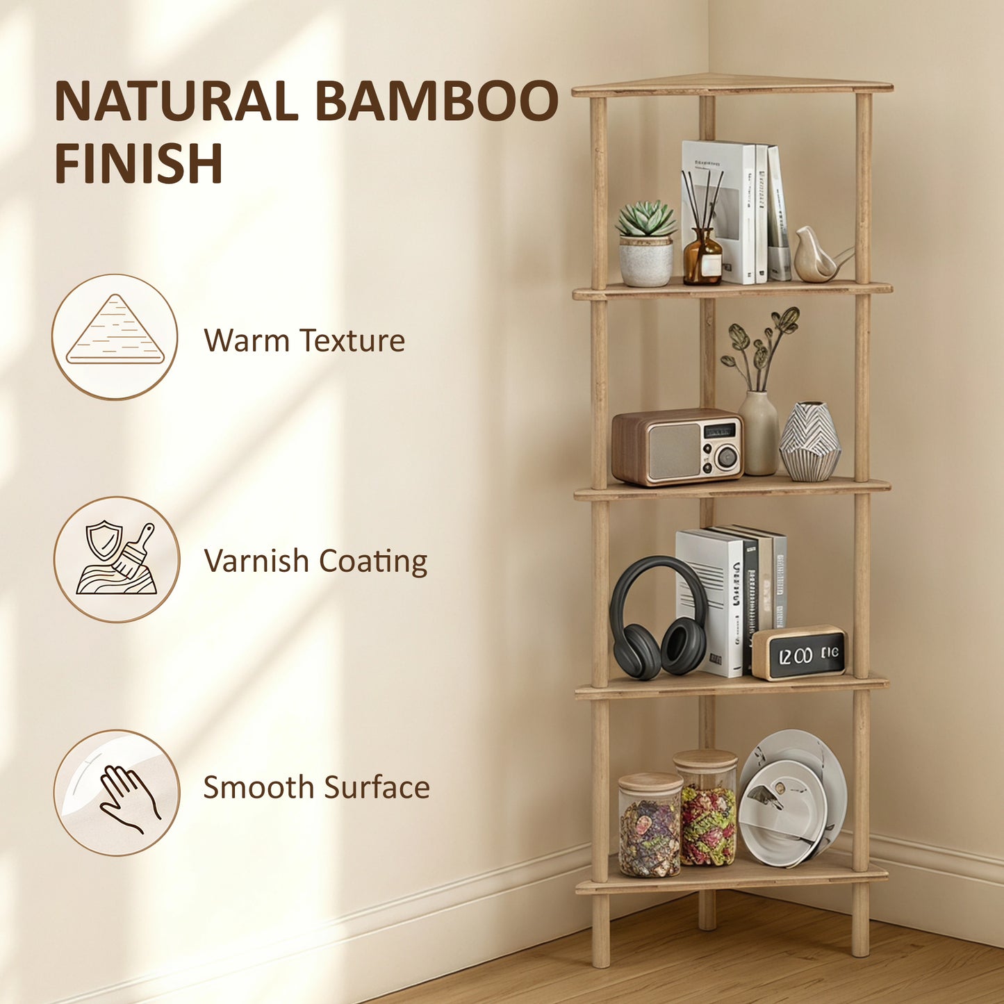5-Tier Corner Storage Shelf for Living Room, Natural Wood Finish