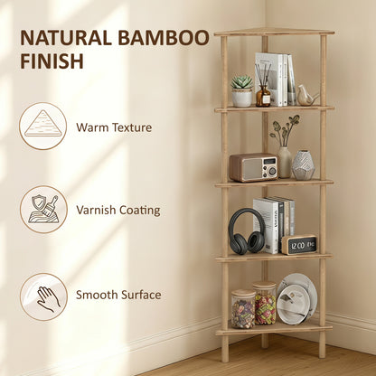 5-Tier Corner Storage Shelf for Living Room, Natural Wood Finish