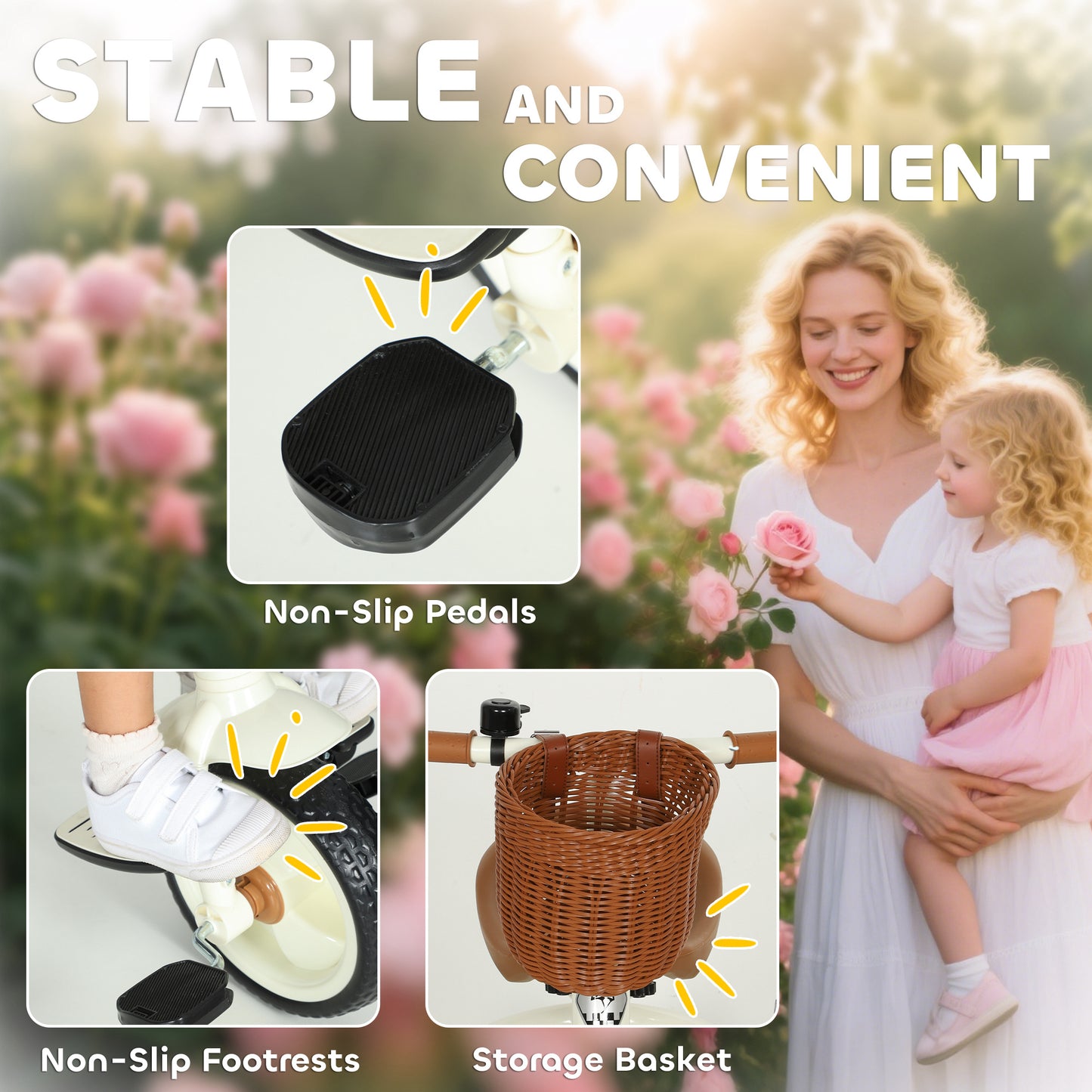 Kids Tricycle for 2-5 Years Old, 2-In-1 Toddler Trike with Adjustable Parent Handle, Pedals, Footrests, Storage Basket, 3 Wheel Bike for Boys and Girls, White