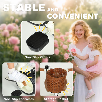 Kids Tricycle for 2-5 Years Old, 2-In-1 Toddler Trike with Adjustable Parent Handle, Pedals, Footrests, Storage Basket, 3 Wheel Bike for Boys and Girls, White