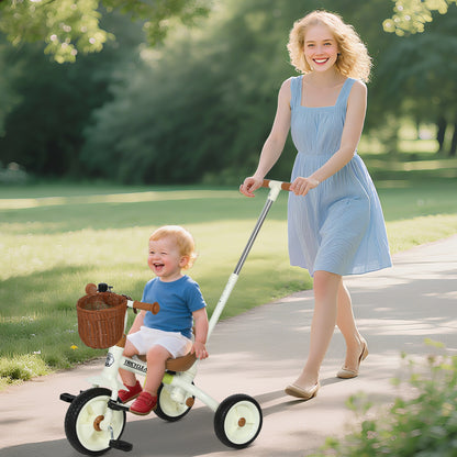 Kids Tricycle for 2-5 Years Old, 2-In-1 Toddler Trike with Adjustable Parent Handle, Pedals, Footrests, Storage Basket, 3 Wheel Bike for Boys and Girls, White