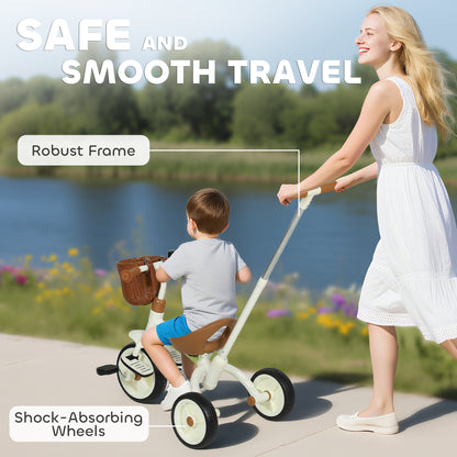 Kids Tricycle for 2-5 Years Old, 2-In-1 Toddler Trike with Adjustable Parent Handle, Pedals, Footrests, Storage Basket, 3 Wheel Bike for Boys and Girls, White