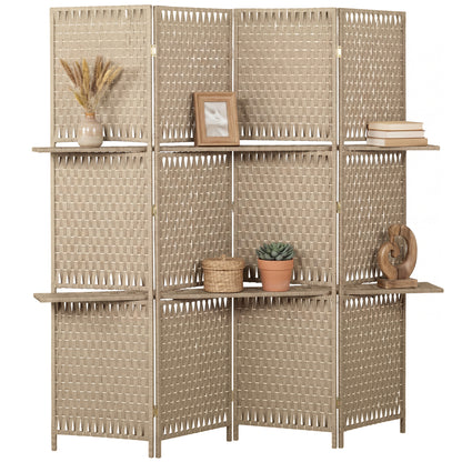 4-Panel Room Divider with Shelves, Wave Fibre Freestanding Folding Privacy Screen Panels, Partition Wall Divider for Indoor Bedroom Office, 180 cm, Natural Wood Finish