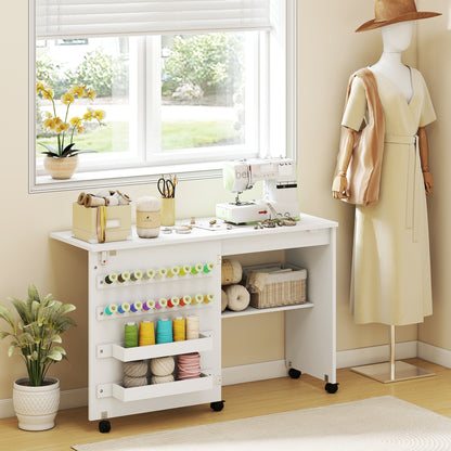 Folding Sewing Table, Craft Table with Storage compartments, White