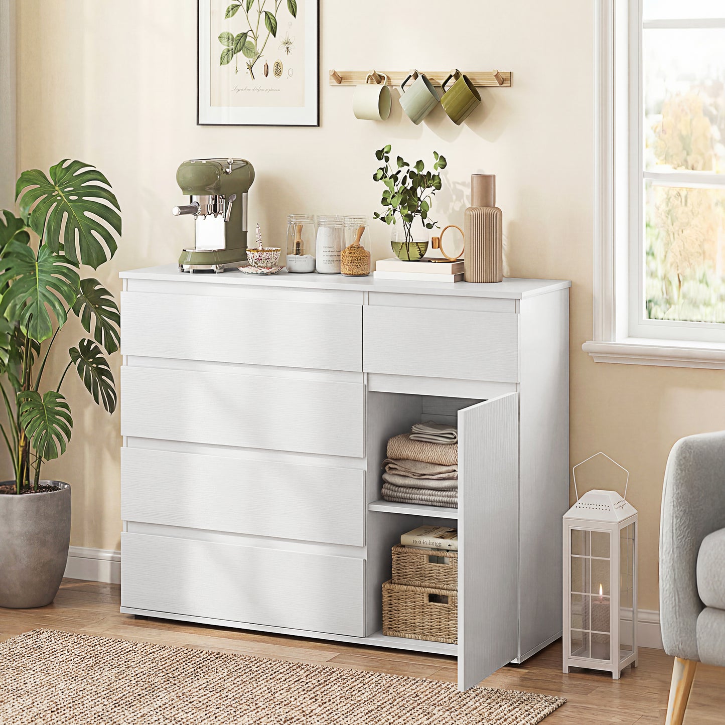Sideboard Storage Cabinet, Kitchen Cupboard with 5 Drawers, White wood finish