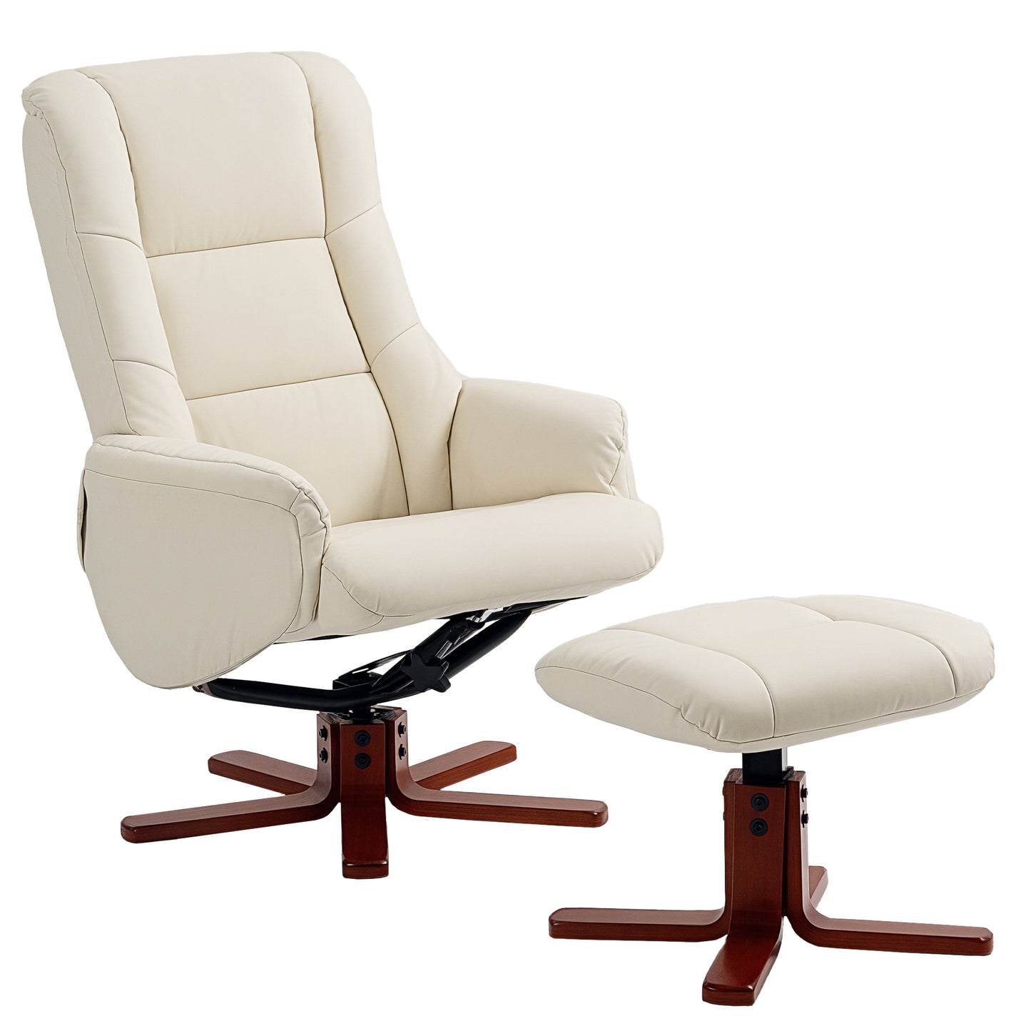 Recliner Armchair with Wood Base, Upholstered Reclining Chair, Cream