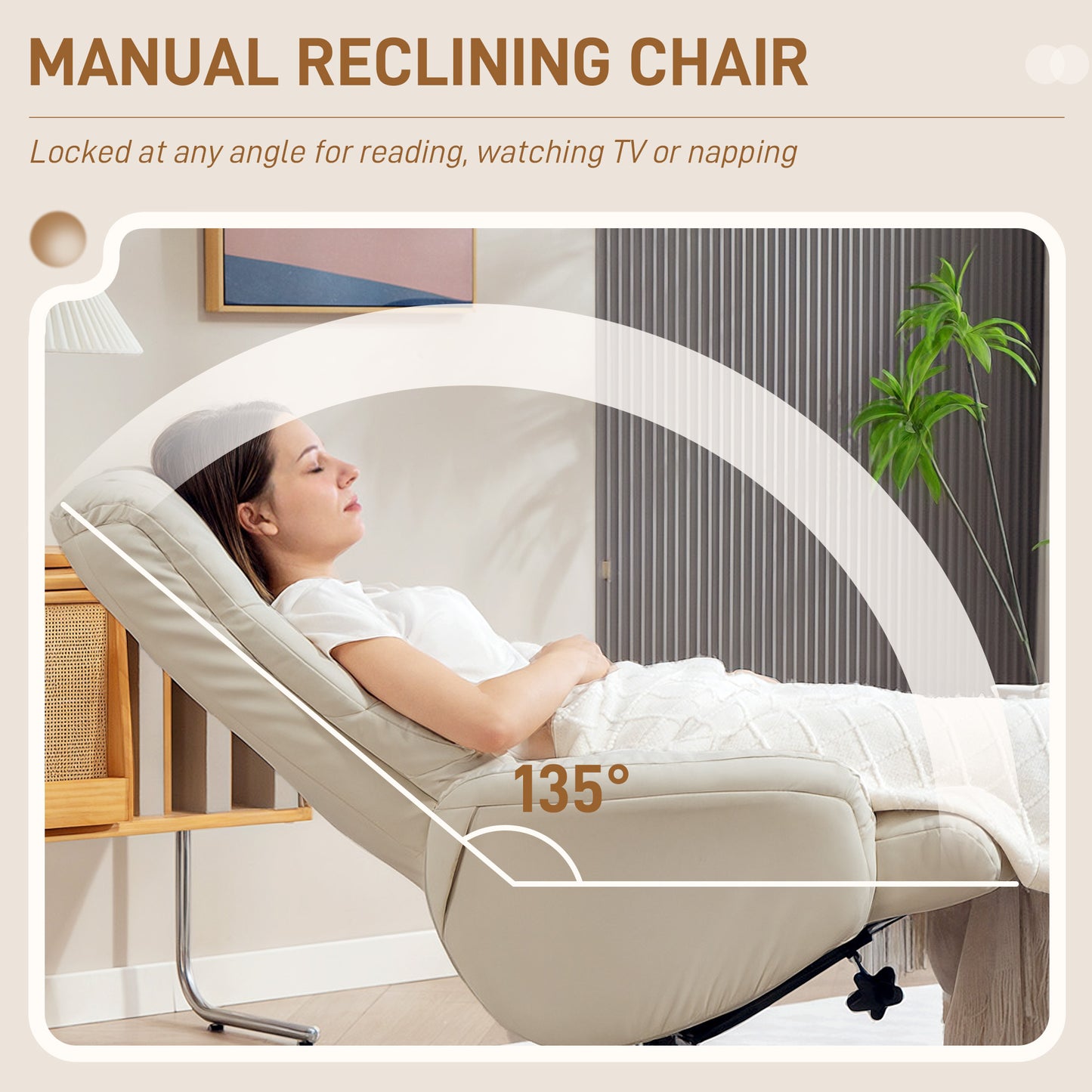 Recliner Armchair with Wood Base, Upholstered Reclining Chair, Cream