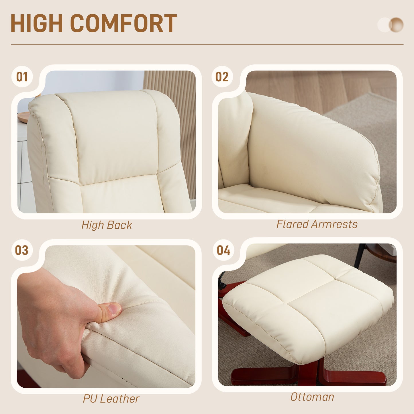 Recliner Armchair with Wood Base, Upholstered Reclining Chair, Cream