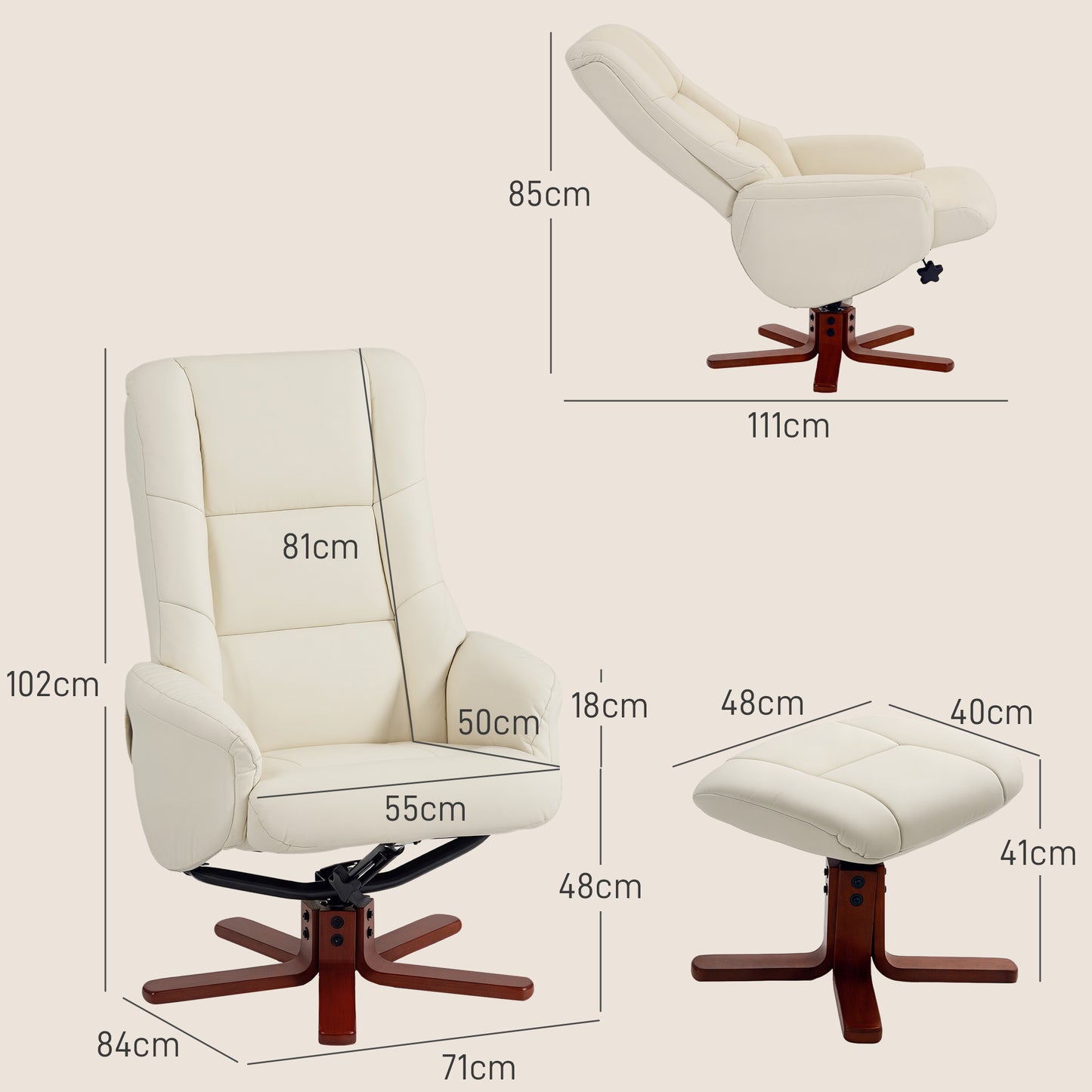 Recliner Armchair with Wood Base, Upholstered Reclining Chair, Cream