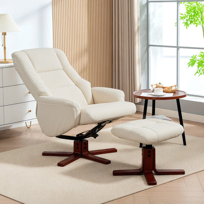 Recliner Armchair with Wood Base, Upholstered Reclining Chair, Cream