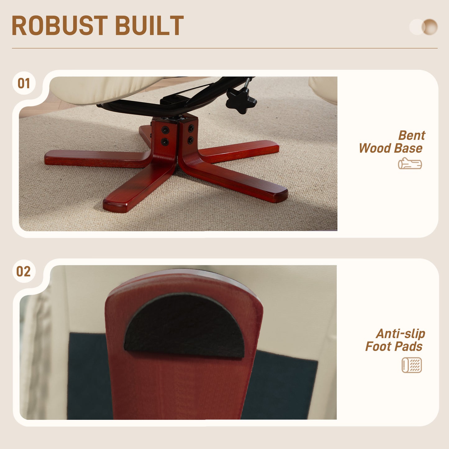 Recliner Armchair with Wood Base, Upholstered Reclining Chair, Cream