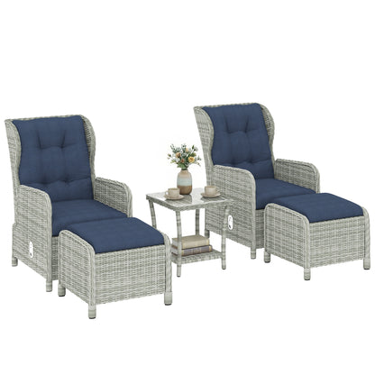 5 Piece Garden Furniture Set, Rattan Reclining Garden Chair Set of 2 with Footstool and Cushion , Dark Blue