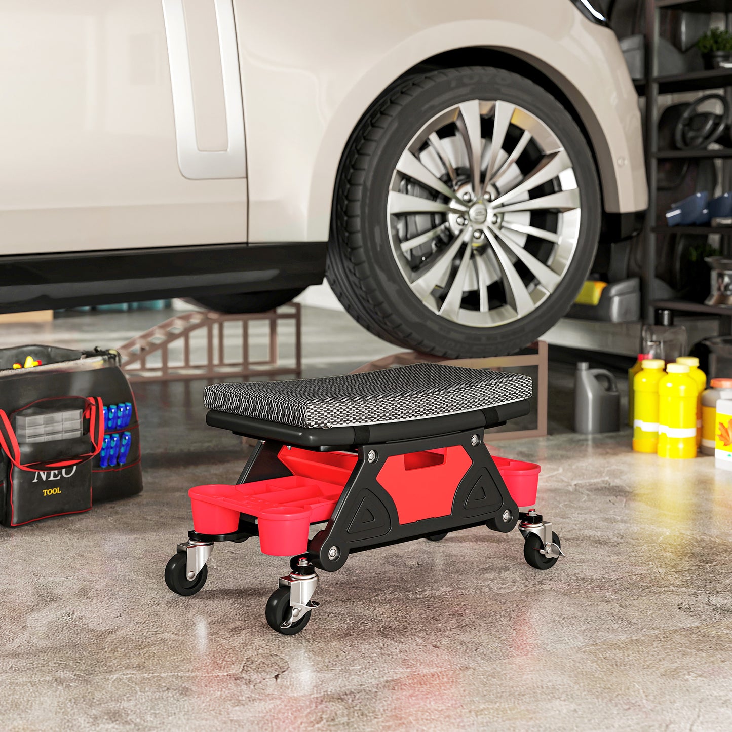 Rolling Mechanic Stool, 135kg Capacity Workshop Stool, Black