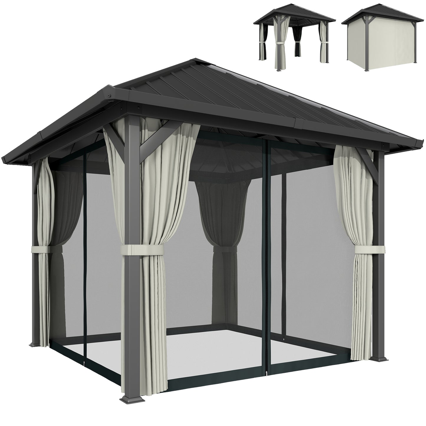 3 x 3(m) Metal Hardtop Gazebo with Netting and Curtains, Black