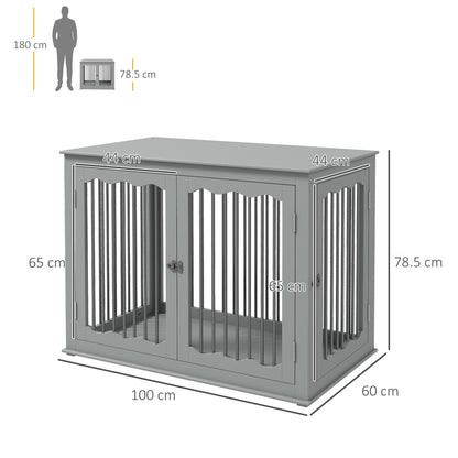 Dog Crate End Table w/ Three Doors, Furniture Style Dog Crate, for Big Dogs, Indoor Use w/ Locks and Latches - Grey