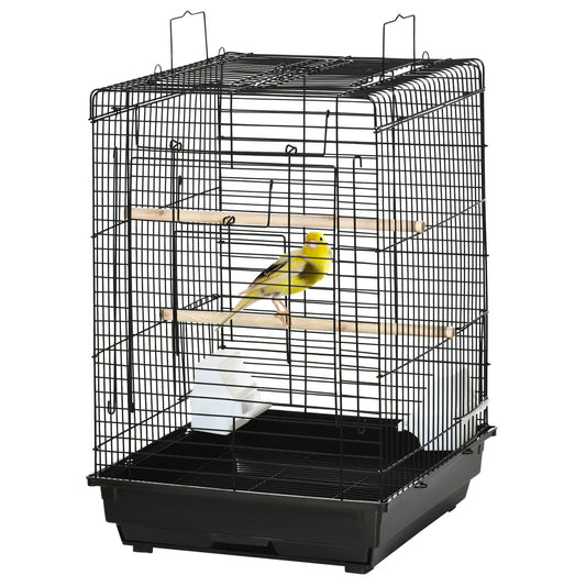 Steel Bird Cage with Openable Top, Stand, Tray, Handles, Feeding Bowls for Parakeet, Finch, Black
