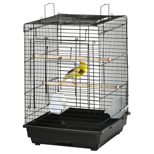 Steel Bird Cage with Openable Top, Stand, Tray, Handles, Feeding Bowls for Parakeet, Finch, Black