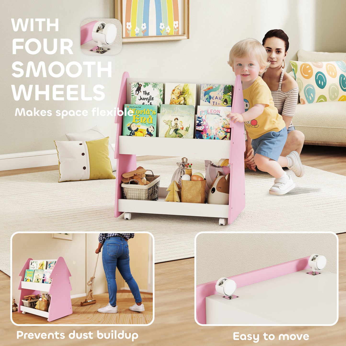 Double-Sided Children's Bookcase with Wheels for Playroom, Pink