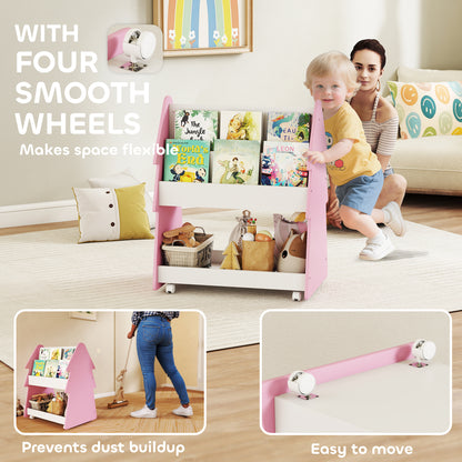 Double-Sided Children's Bookcase with Wheels for Playroom, Pink