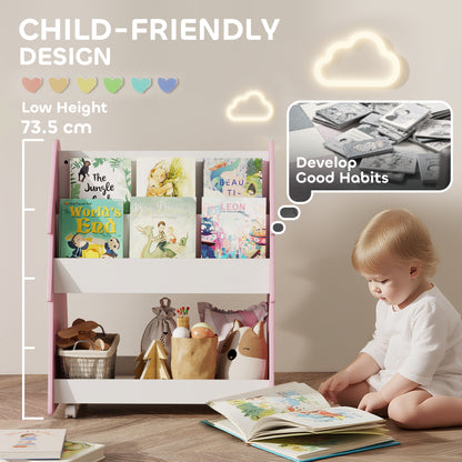 Double-Sided Children's Bookcase with Wheels for Playroom, Pink