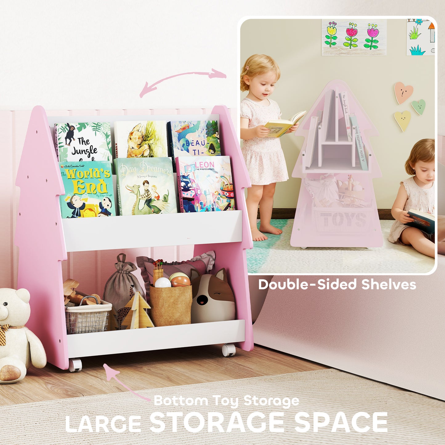 Double-Sided Children's Bookcase with Wheels for Playroom, Pink