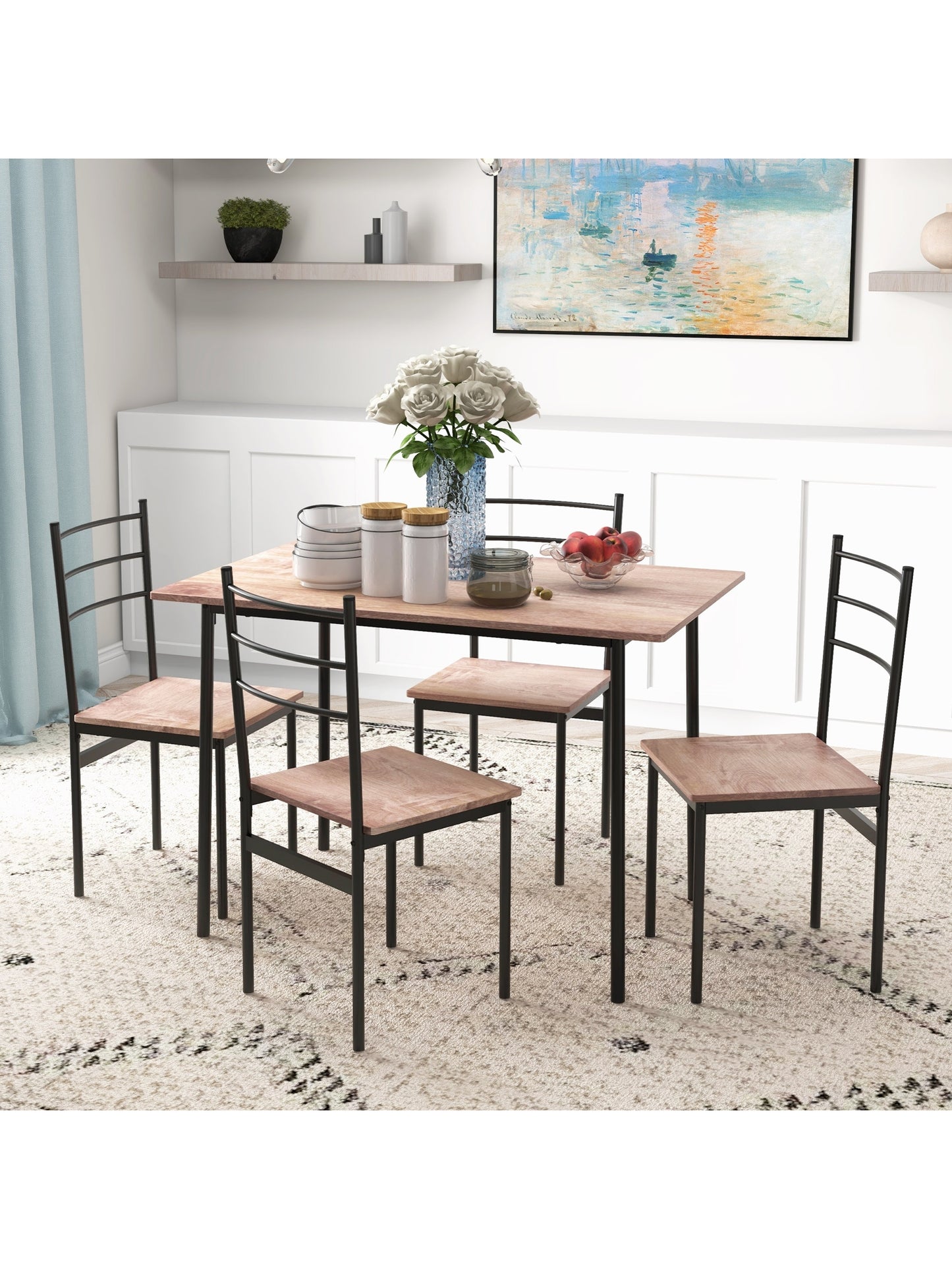 5 Piece Dining Table and Chairs Set, Space Saving, Brown and Black