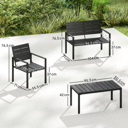 4 Piece Garden Furniture Set, HDPE Metal Outdoor Sofa, Black
