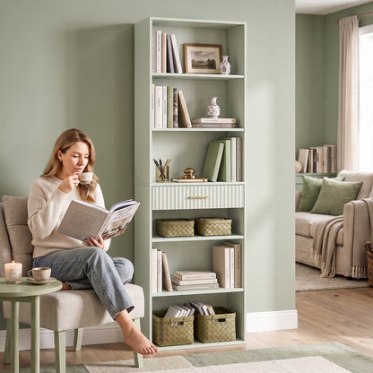 Tall Bookcase with Cubes, 7-Tier Bookshelf with Drawer, Light Green