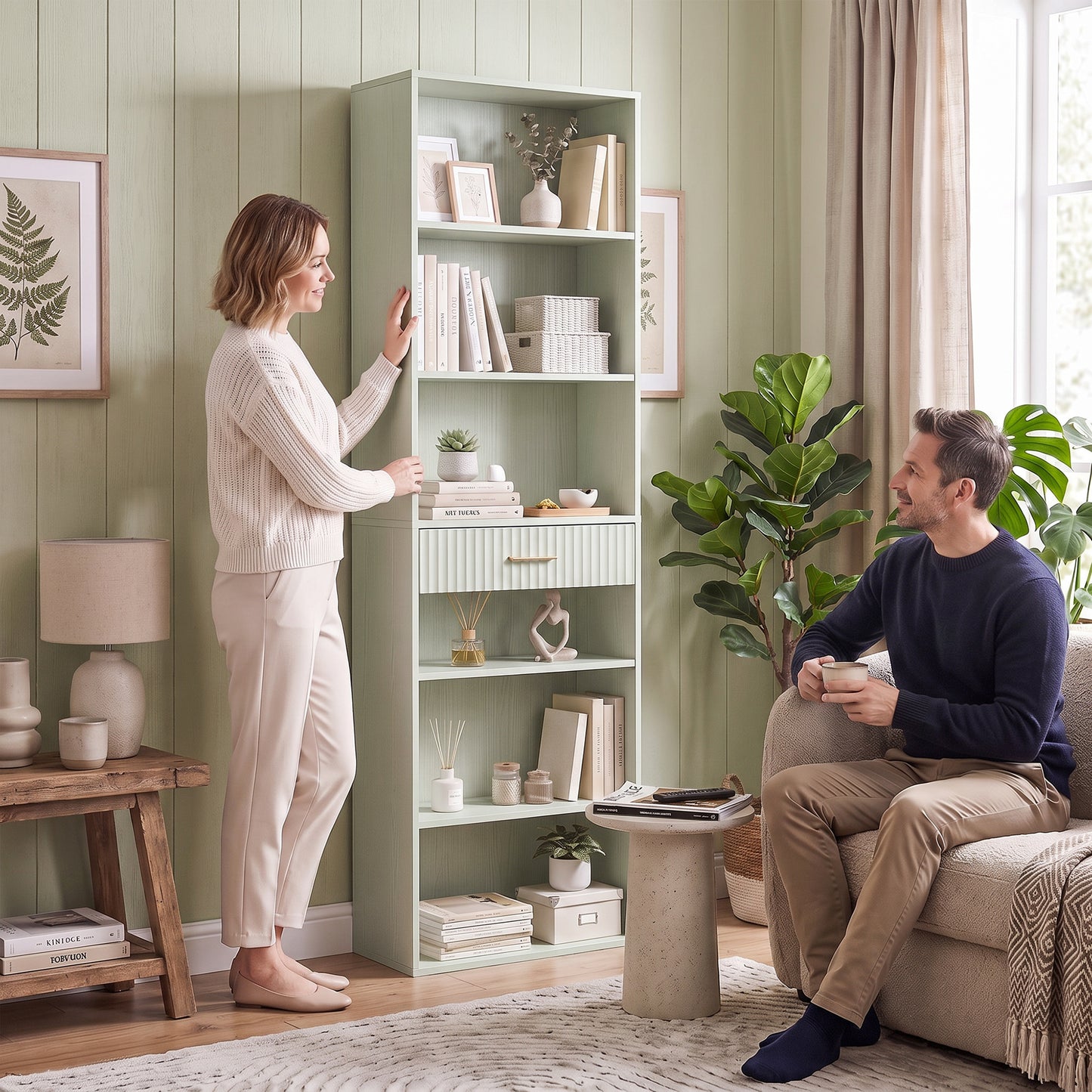 Tall Bookcase with Cubes, 7-Tier Bookshelf with Drawer, Light Green
