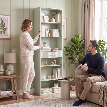 Tall Bookcase with Cubes, 7-Tier Bookshelf with Drawer, Light Green
