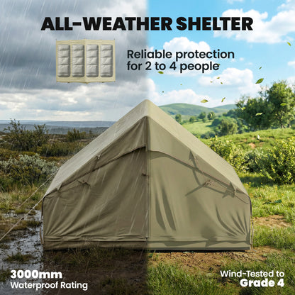 Inflatable Camping Tent with Air Pump, Easy Setup 2-4 Person Blow Up Glamping Tent, 3000mm Waterproof with Mesh Windows and Carry Bag, House Design for Family Weekend Camping, Green