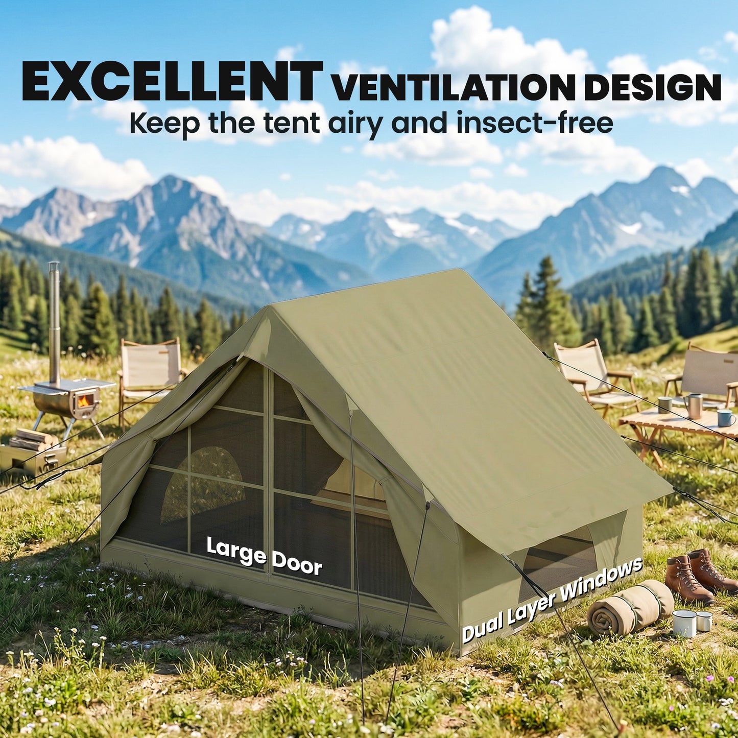 Inflatable Camping Tent with Air Pump, Easy Setup 2-4 Person Blow Up Glamping Tent, 3000mm Waterproof with Mesh Windows and Carry Bag, House Design for Family Weekend Camping, Green
