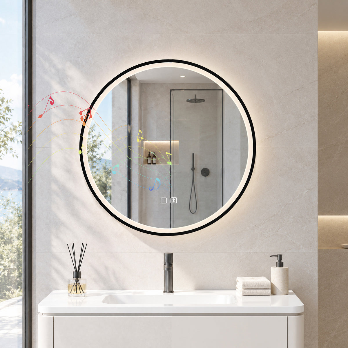 60cm Round LED Bathroom Mirror with Bluetooth Speaker and Demister - Black