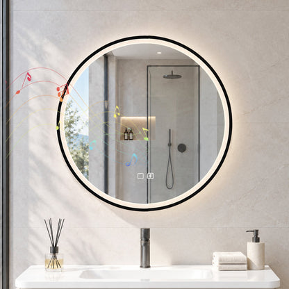 60cm Round LED Bathroom Mirror with Bluetooth Speaker and Demister - Black