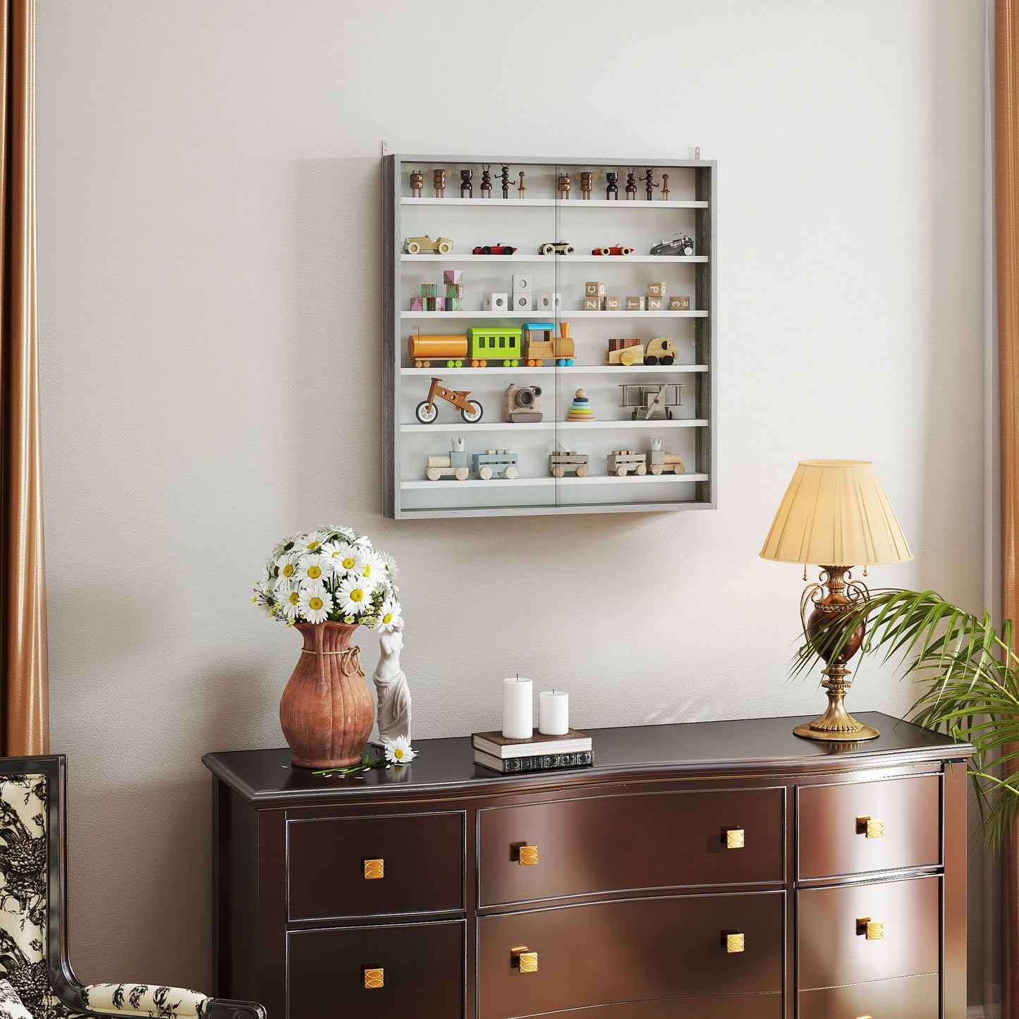 7-Tier Wall Display Cabinet w/ Glass Doors, Graphite Wood Effect