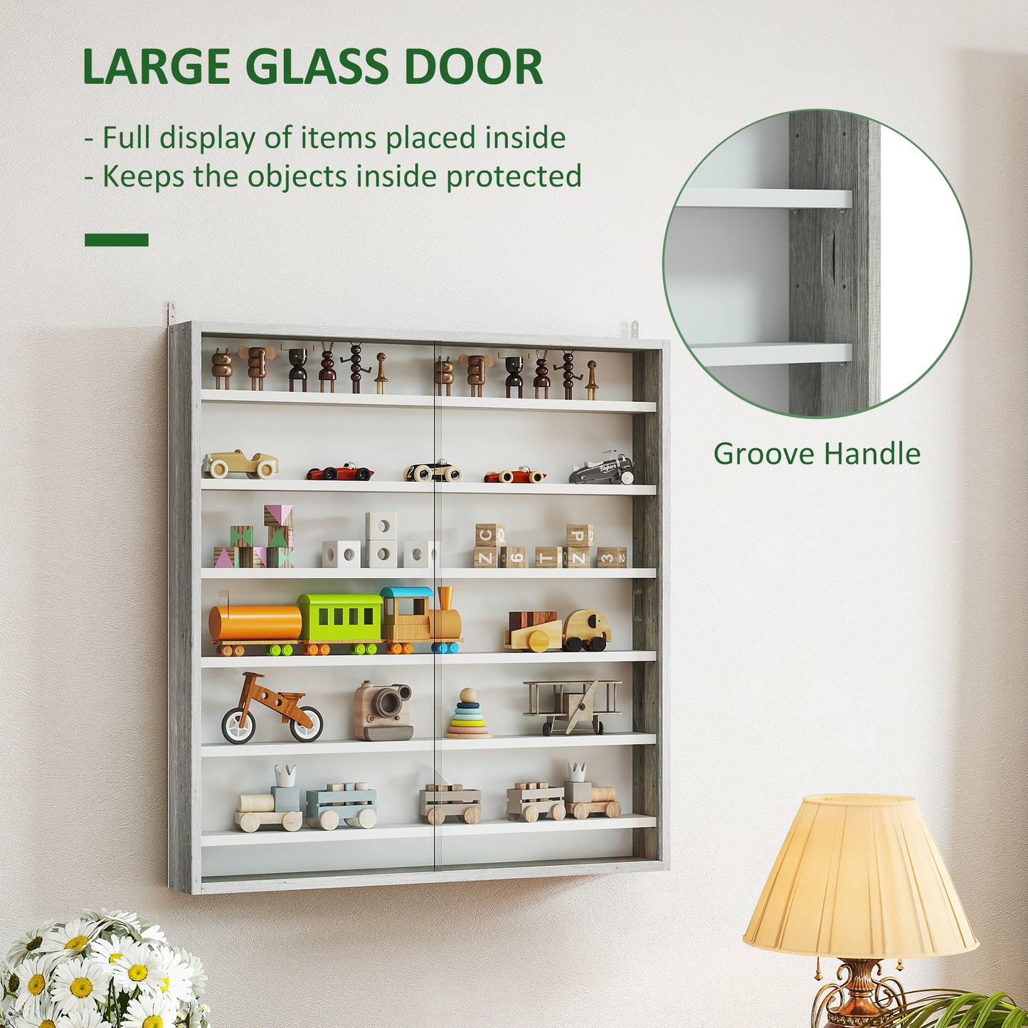 7-Tier Wall Display Cabinet w/ Glass Doors, Graphite Wood Effect