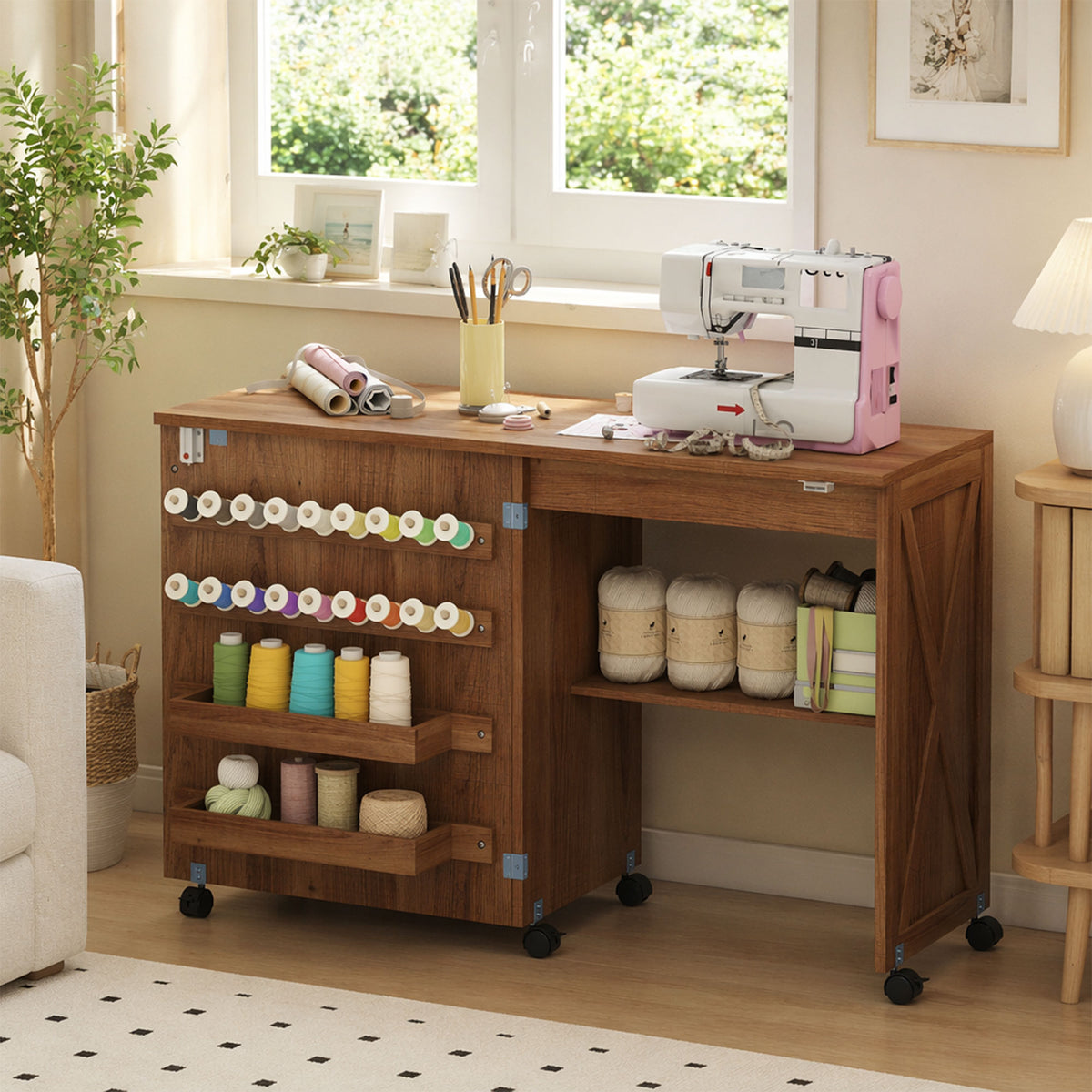 Folding Sewing Table, Craft Table with Storage compartments, Brown