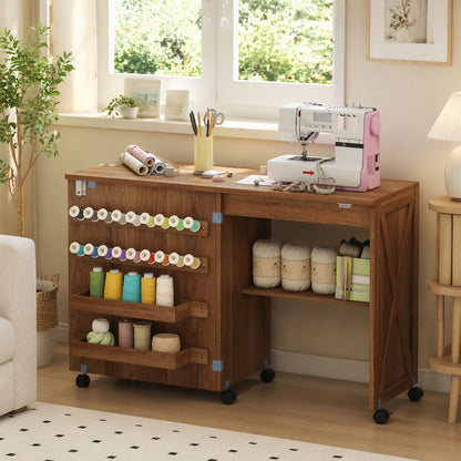 Folding Sewing Table, Craft Table with Storage compartments, Brown