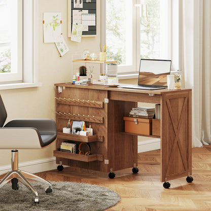 Folding Sewing Table, Craft Table with Storage compartments, Brown