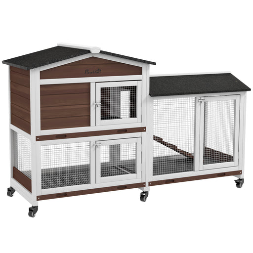 Wooden Two-Tier Pet Hutch with Wheels, Run - Brown