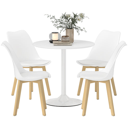 80cm Dining Table Set with 4 PU Padded Chairs, Solid Wood Legs, White