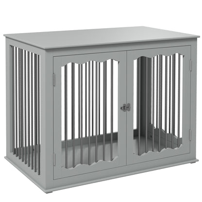 Dog Crate End Table w/ Three Doors, Furniture Style Dog Crate, for Big Dogs, Indoor Use w/ Locks and Latches - Grey