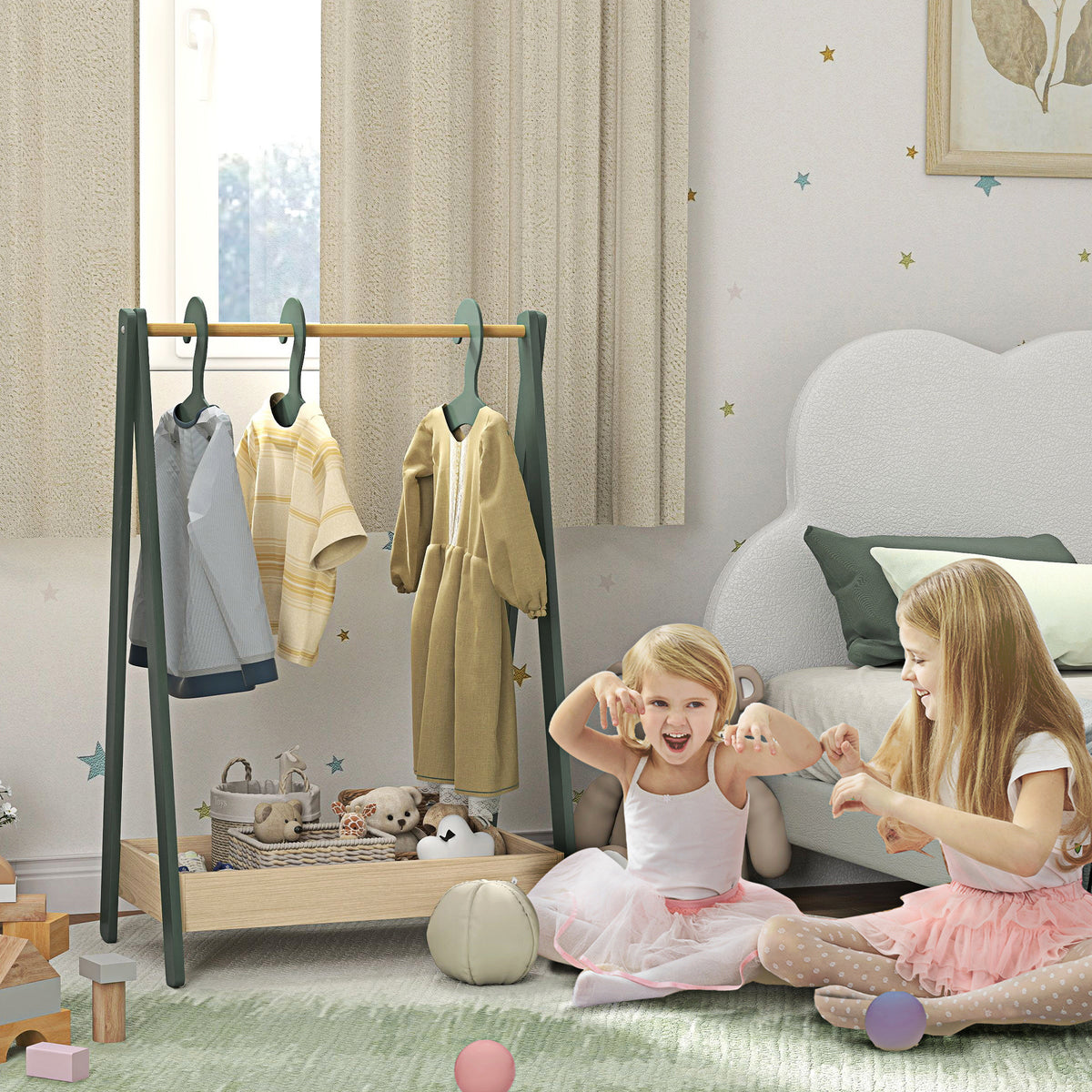Kids Clothes Rail with Hangers, Base Shelf for Girls, Boys, Green