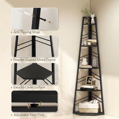 5-Tier Corner Bookcase, Floor Standing Shelving Unit, Black