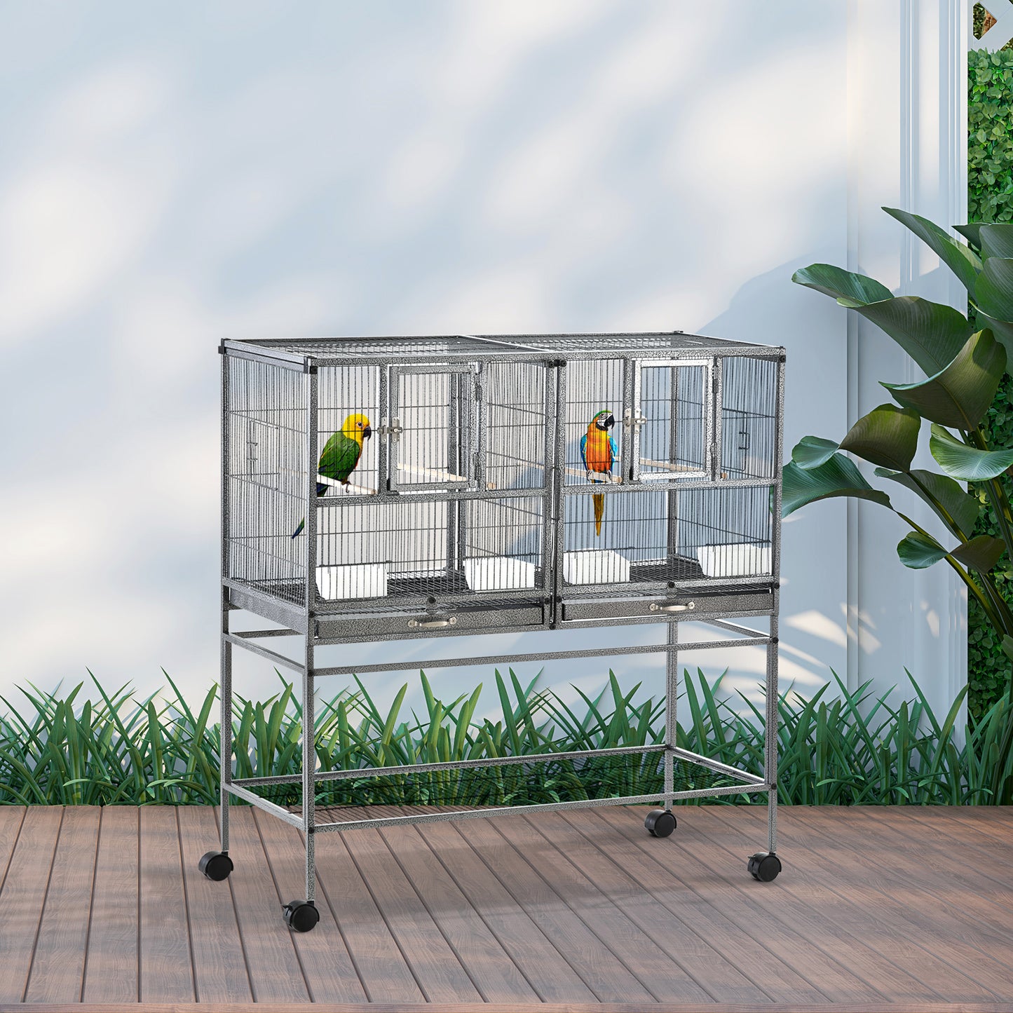 Wide Large Metal Bird Cage for Finch Canaries Parakeets Cockatiels with Rolling Stand, Removable Metal Tray, Storage Shelf, Wood Perch
